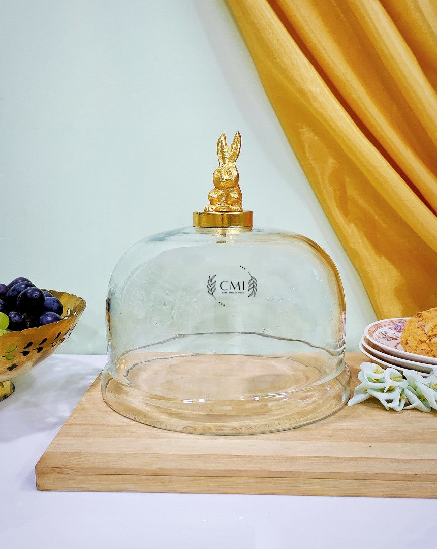 Glass Cake Dome With Glass Base & Metal Bunny Knob
