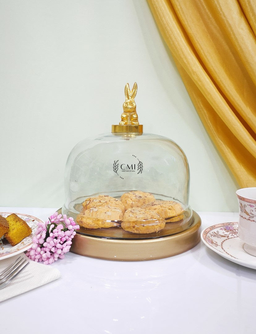 Glass Cake Dome With Glass Base & Metal Bunny Knob