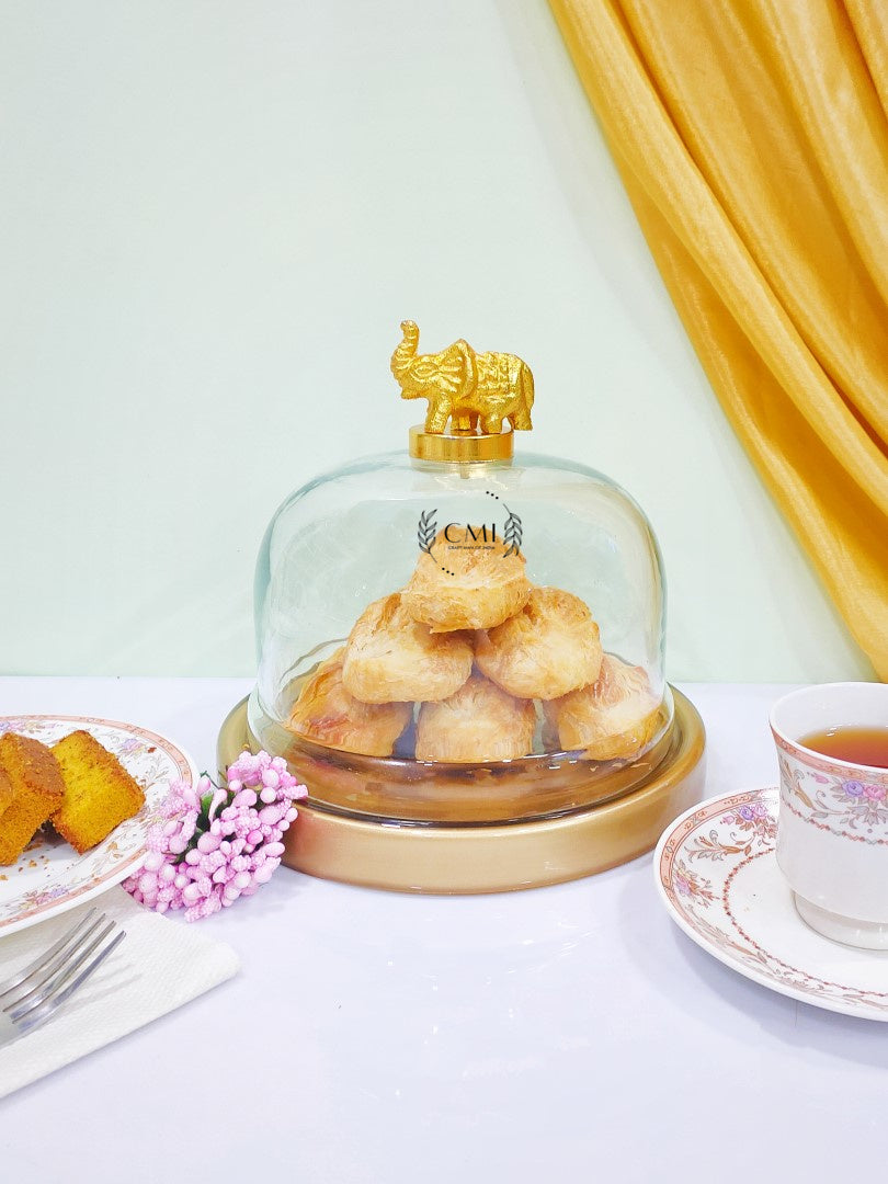 Glass Cake Dome With Glass Base & Metal Elephant Knob