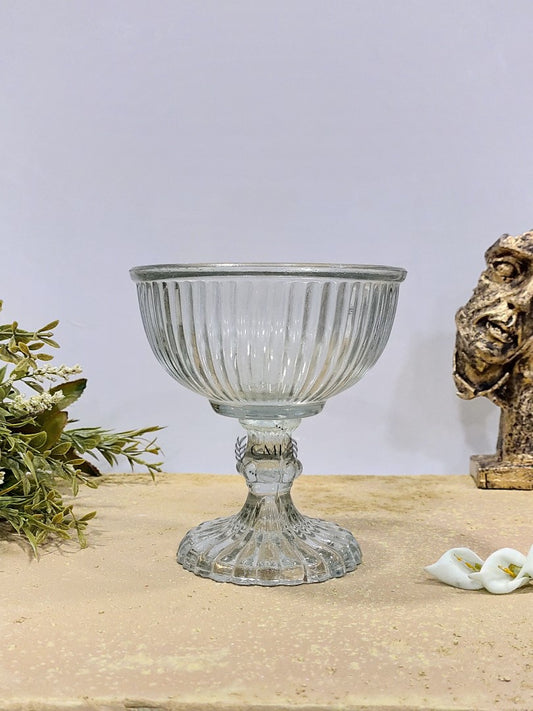 Pedastal Glass Ribbed Bowl Plain Set of 2