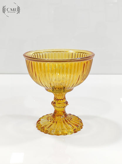 Pedastal Glass Ribbed Bowl Plain Set  Gold