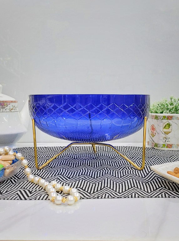 Green Glass Bowl With Metal Stand 10 Inch