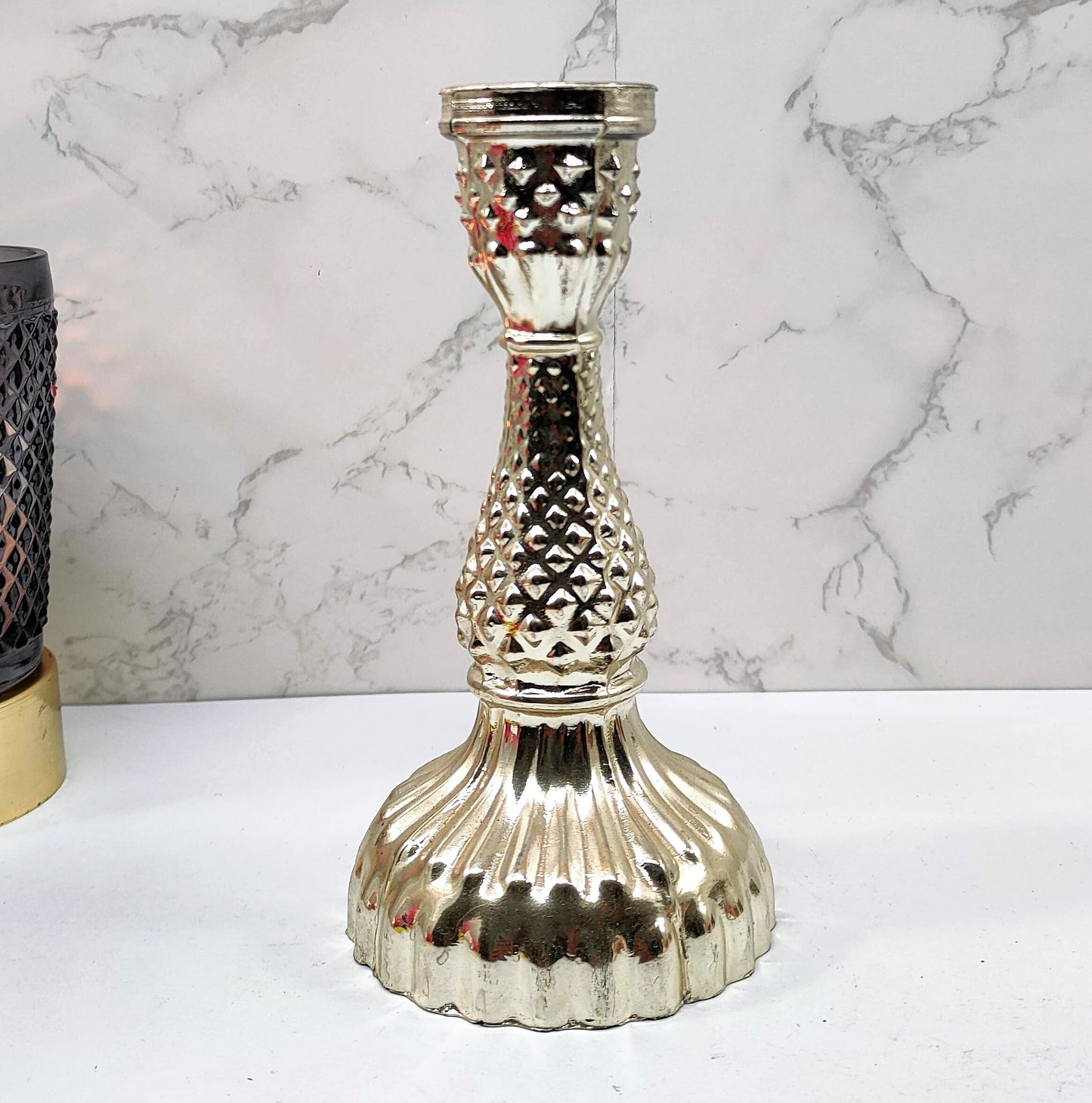 Silver Diamond Glass Pillar Candle Holder Set