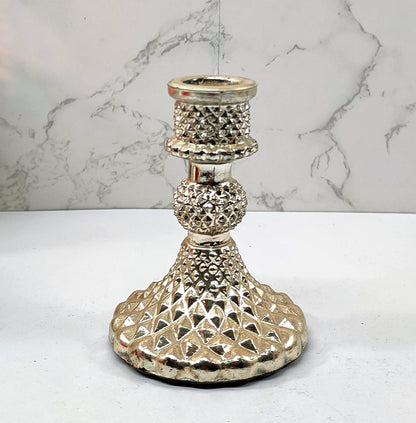Silver Diamond Glass Pillar Candle Holder Set