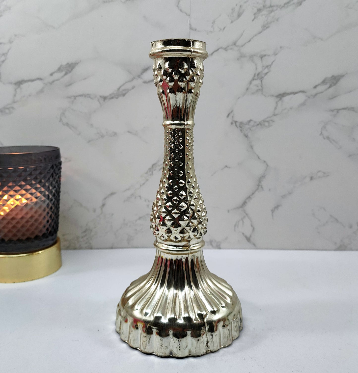 Silver Diamond Glass Pillar Candle Holder Set