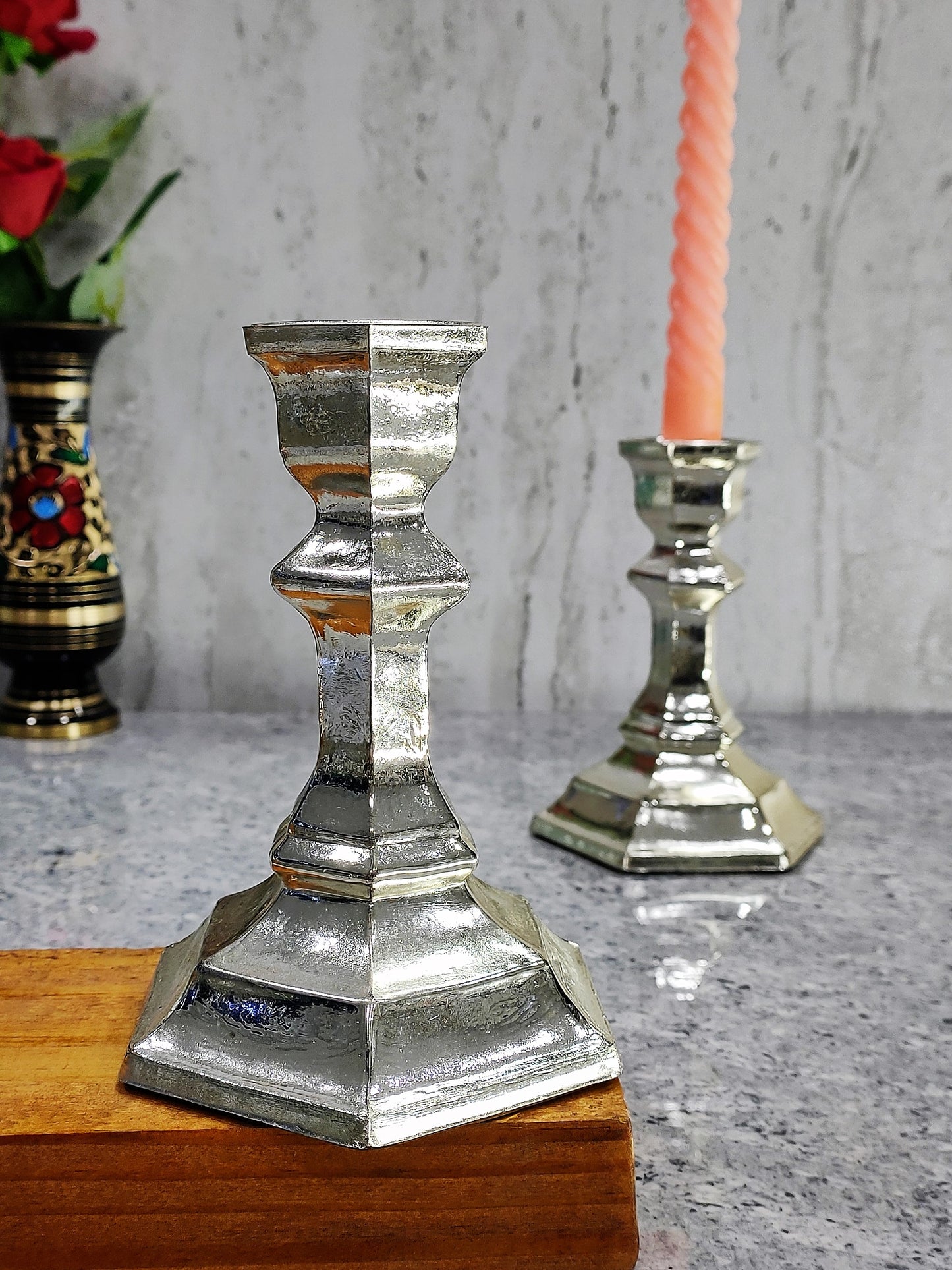Zoxxy Silver Pillar Candle Holder Set of 2