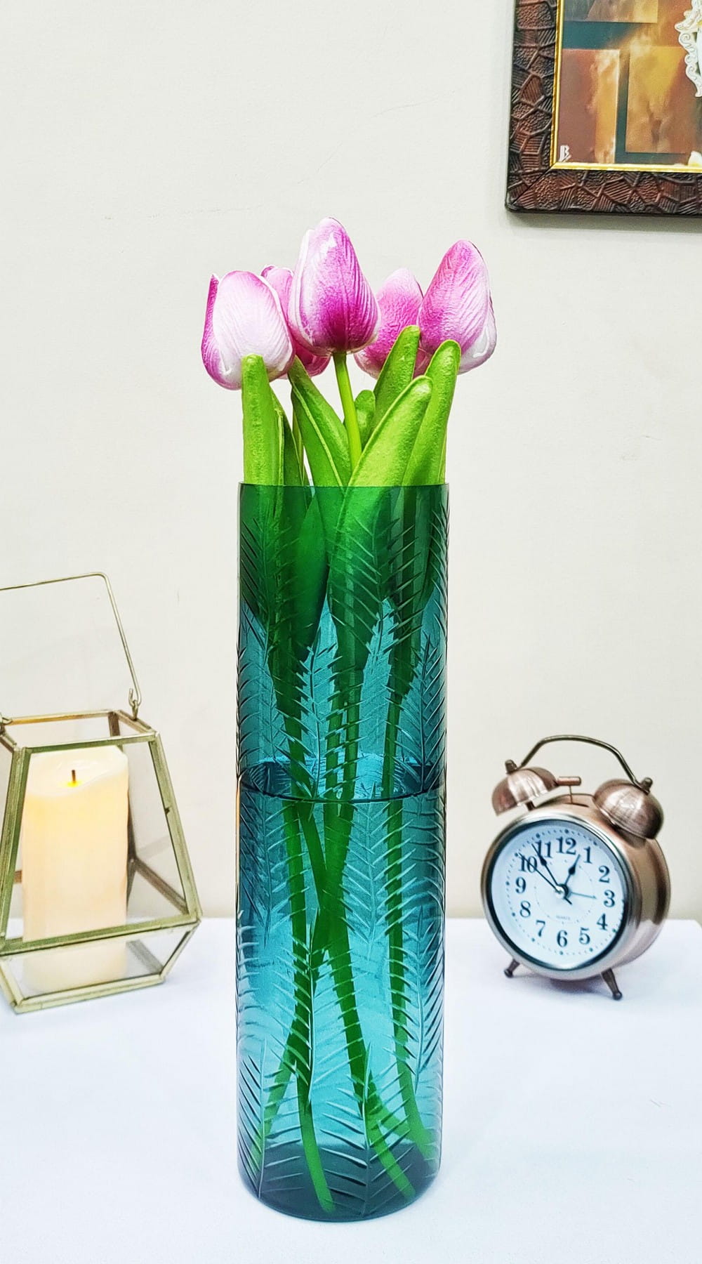 Cutting Blue Cylinder Glass Vases Set of 2