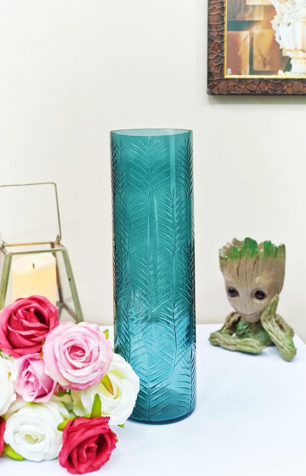Cutting Blue Cylinder Glass Vases Set of 2