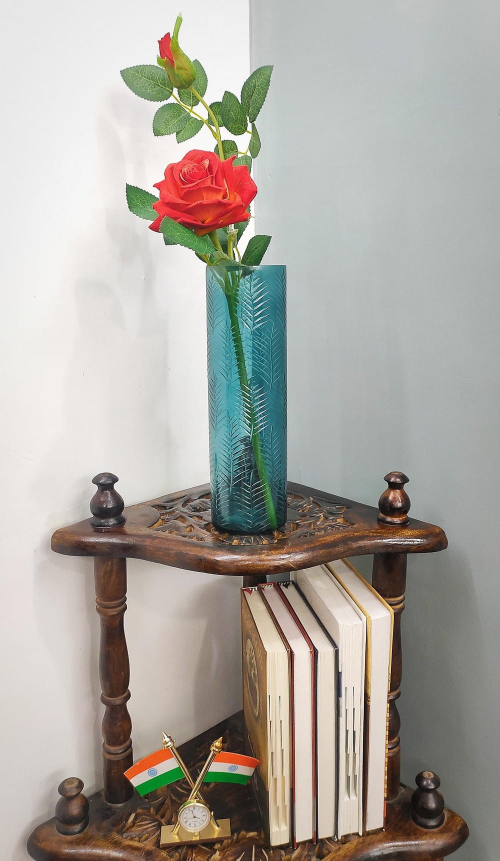 Cutting Blue Cylinder Glass Vases Set of 2