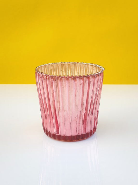 Samll Ribbed Votive Candle Holder Two Pink Metallic